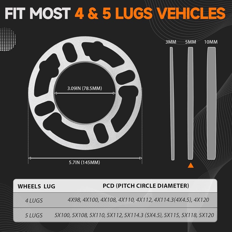 LUJIANI Store 2 Pack Universal Wheel Spacers, 1/5" (5mm) Thick Die Cast Replacement Wheel Spacer for 4 & 5 Lugs Wheels/Rims, Fits 98 to 120mm Multiple Bolts Pattern, 4x100, 4x108, 4x110, 5x114.3, 5x120 - Image 2
